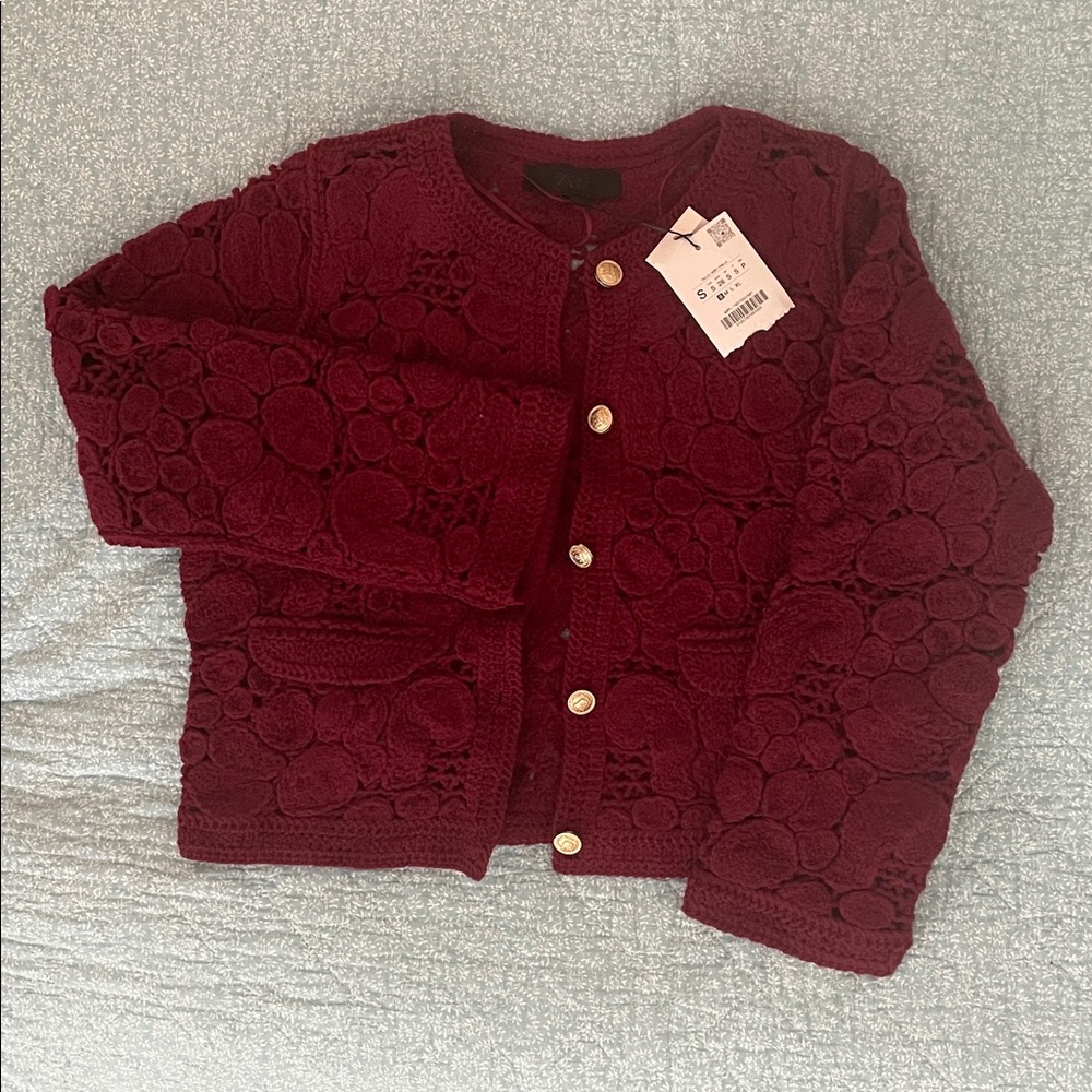 Zara Burgundy Crochet Knit Cardigan